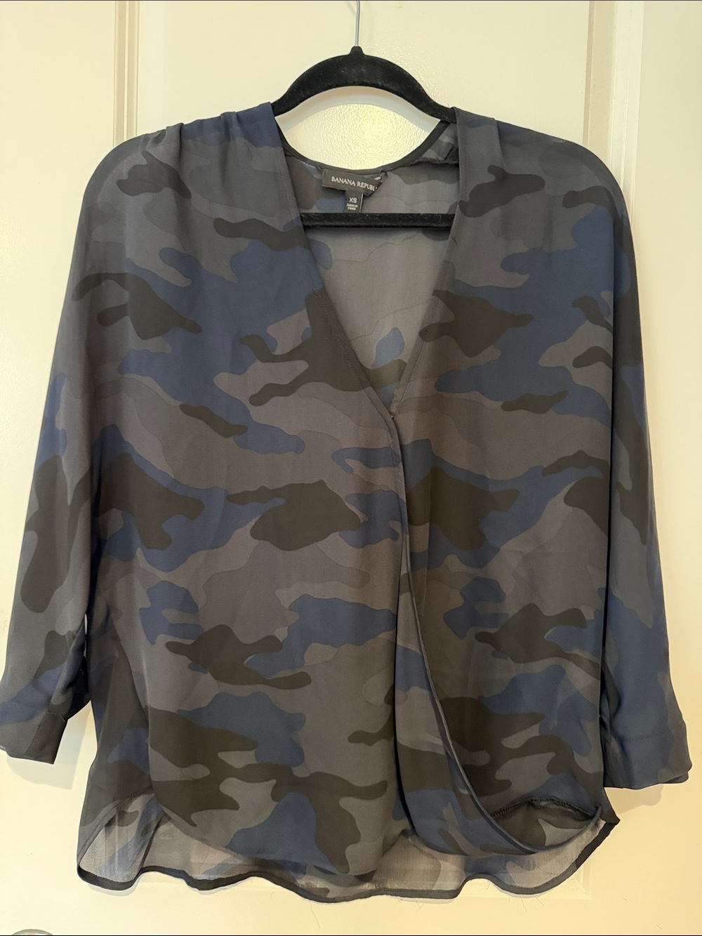 Banana Republic Navy and Gray Camo Wrap-Front Blouse